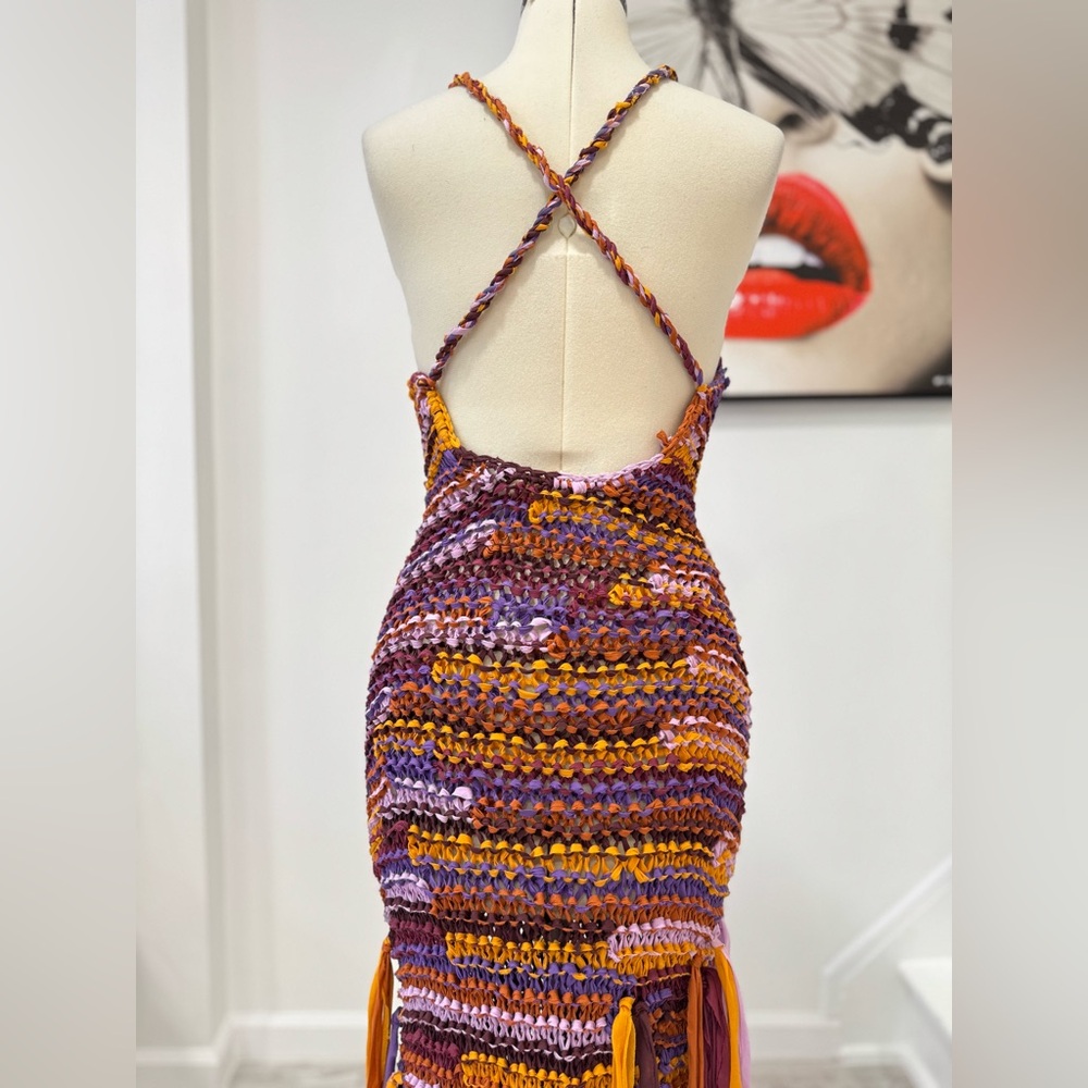 ULLA JOHNSON Emmalina Crochet Fringe Cotton & Silk Maxi Dress in Violet Orange - Picture 9 of 14